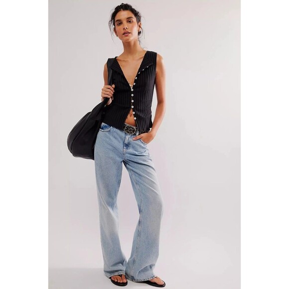 Free People Tilly Vest Blouse Top Knit Ribbed Buttondown Scoop-Neck M NEW 280638 - Picture 3 of 8